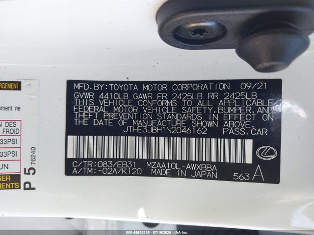 2022 Lexus Ux 200 F Sport მანქანა იყიდება აუქციონზე, vin: JTHE3JBH1N2046162, აუქციონის ნომერი: 45626255