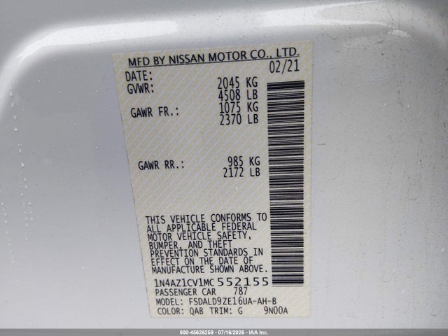 1N4AZ1CV1MC552155 Nissan Leaf Sv 40 Kwh