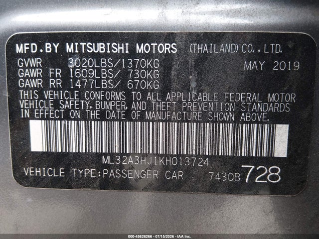 2019 Mitsubishi Mirage Es მანქანა იყიდება აუქციონზე, vin: ML32A3HJ1KH013724, აუქციონის ნომერი: 45626266