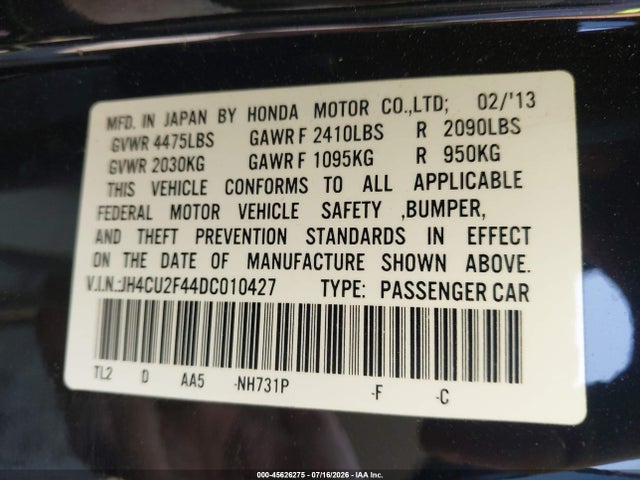Aukcja sprzedaży 2013 Acura Tsx 2.4, vin: JH4CU2F44DC010427, numer aukcji: 45626275