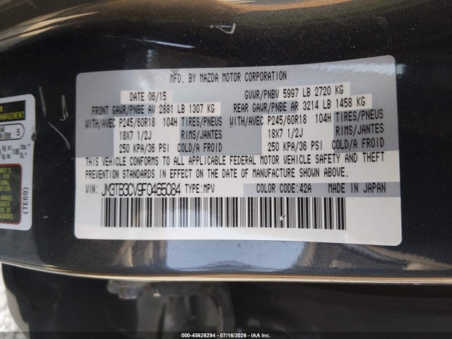 Auction sale of the 2015 Mazda Cx-9 Touring, vin: JM3TB3CV9F0465084, lot number: 45626294