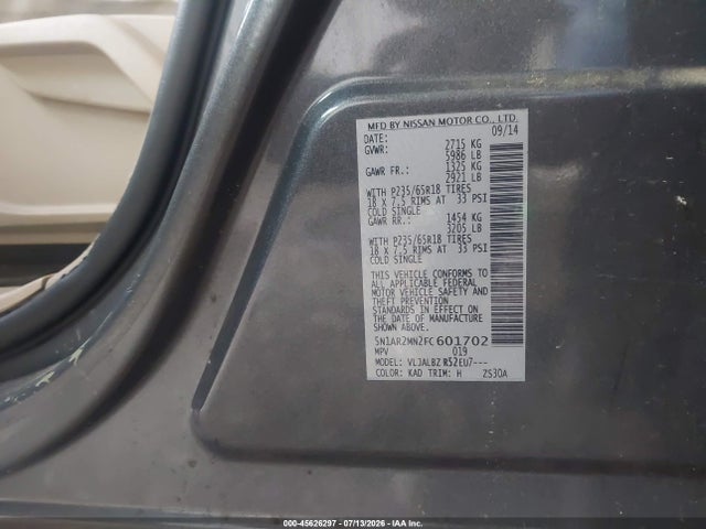 Продаж на аукціоні авто 2015 Nissan Pathfinder S, vin: 5N1AR2MN2FC601702, номер лоту: 45626297