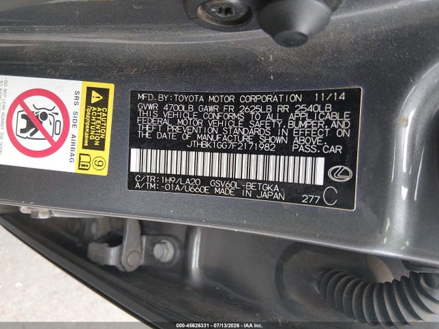 Lexus ES 350 2015 JTHBK1GG7F2171982 Image 9