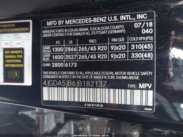 45626335 :رقم المزاد ، 4JGDA5JB6JB182137 vin ، 2018 Mercedes-benz Gle 350 مزاد بيع