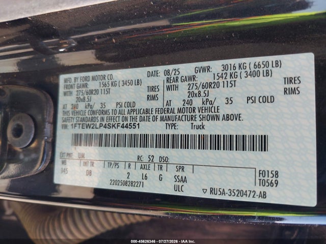 Aukcja sprzedaży 2025 Ford F-150 Stx, vin: 1FTEW2LP4SKF44551, numer aukcji: 45626346
