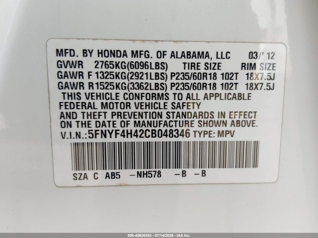 Aukcja sprzedaży 2012 Honda Pilot Ex, vin: 5FNYF4H42CB048346, numer aukcji: 45626352