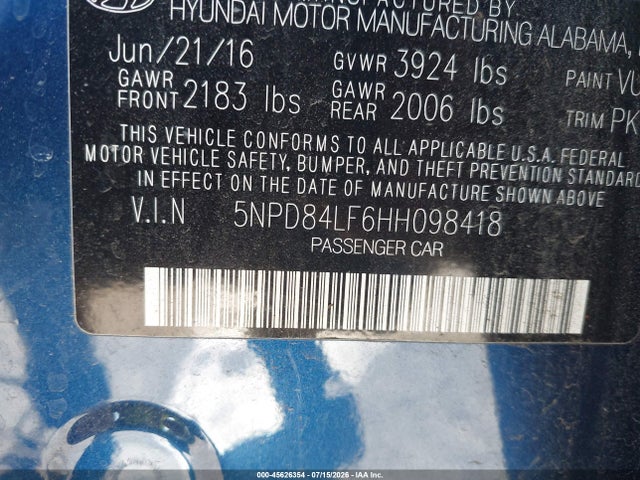 Aukcja sprzedaży 2017 Hyundai Elantra Se, vin: 5NPD84LF6HH098418, numer aukcji: 45626354