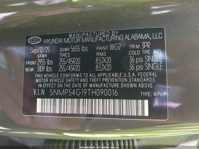 Продажа на аукционе авто 2026 Hyundai Santa Fe Hybrid Calligraphy, vin: 5NMP54G19TH090016, номер лота: 45626359