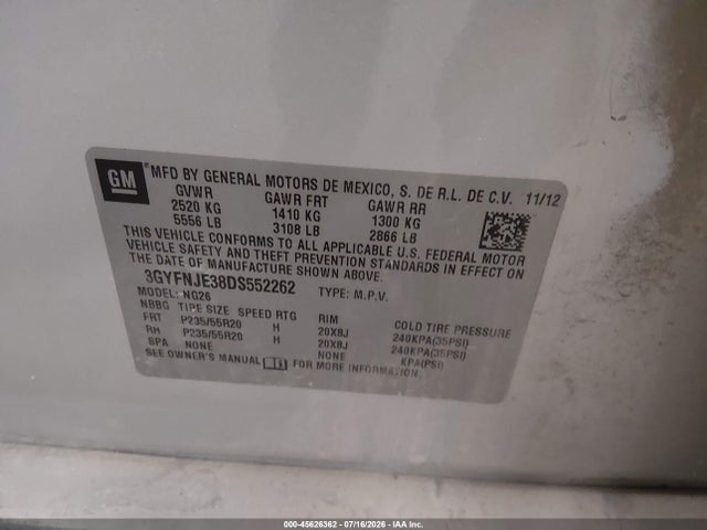 Продаж на аукціоні авто 2013 Cadillac Srx Premium Collection, vin: 3GYFNJE38DS552262, номер лоту: 45626362