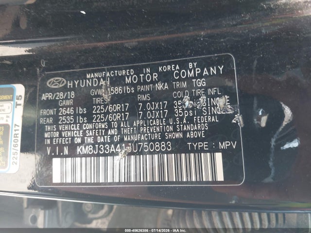 45626386 :رقم المزاد ، KM8J33A41JU750883 vin ، 2018 Hyundai Tucson Sel مزاد بيع