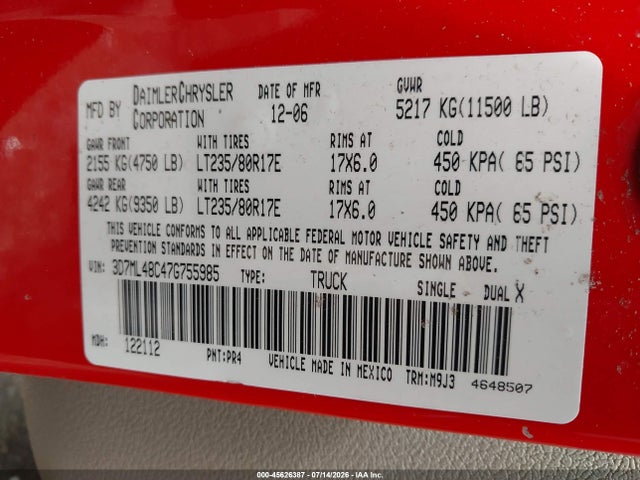 Auction sale of the 2007 Dodge Ram 3500 Slt/sport, vin: 3D7ML48C47G755985, lot number: 45626387
