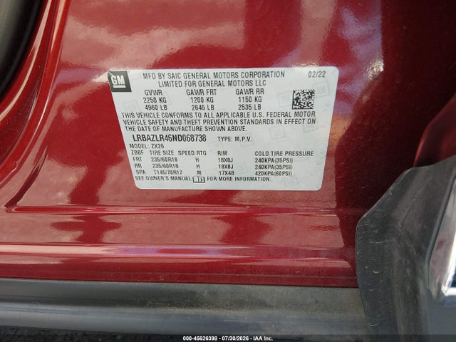 Aukcja sprzedaży 2022 Buick Envision Fwd Preferred, vin: LRBAZLR46ND068738, numer aukcji: 45626398