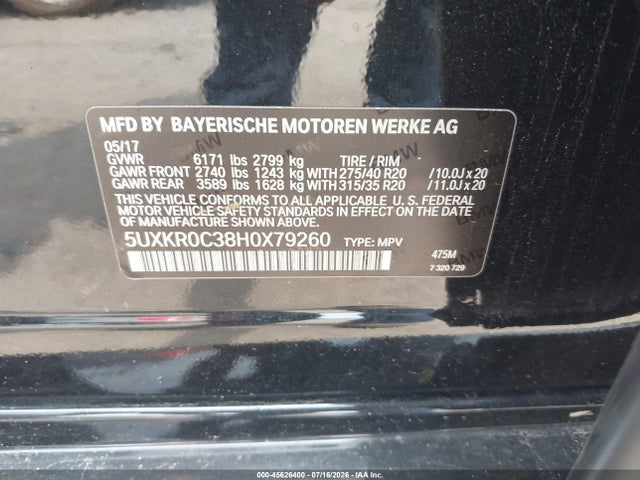 45626400 :رقم المزاد ، 5UXKR0C38H0X79260 vin ، 2017 Bmw X5 Xdrive35i مزاد بيع