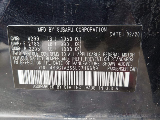 2020 Subaru Impreza 5-door მანქანა იყიდება აუქციონზე, vin: 4S3GTAB66L3716689, აუქციონის ნომერი: 45626402