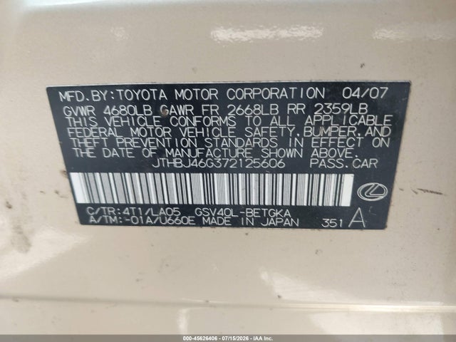 Продаж на аукціоні авто 2007 Lexus Es 350, vin: JTHBJ46G372125606, номер лоту: 45626406