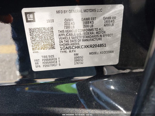 Chevrolet Suburban Lt 2019 1GNSCHKCXKR204851 Image 9