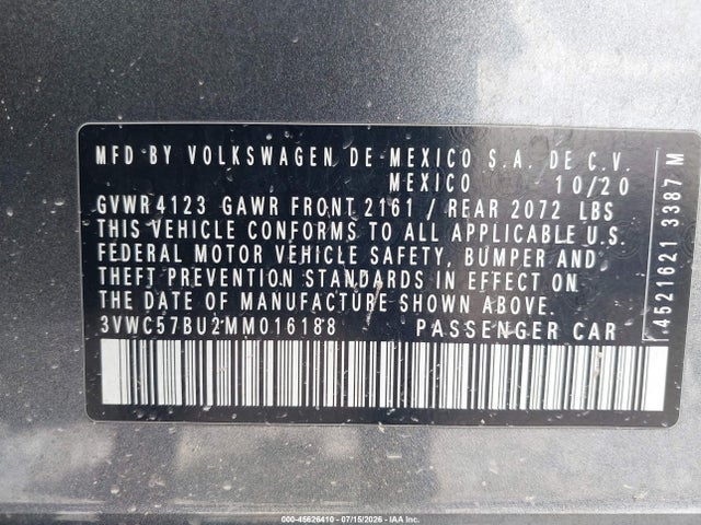 Продажа на аукционе авто 2021 Volkswagen Jetta 1.4t R-line/1.4t Se/s, vin: 3VWC57BU2MM016188, номер лота: 45626410