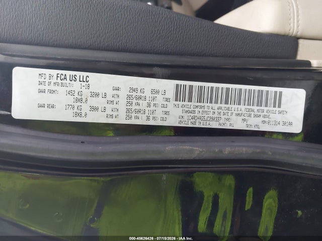 45626426 :رقم المزاد ، 1C4RDHAG5JC290337 vin ، 2018 Dodge Durango Sxt Rwd مزاد بيع