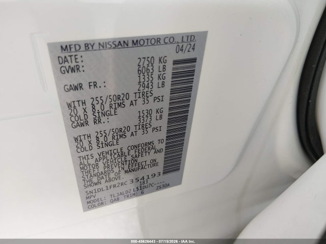 Auction sale of the 2024 Infiniti Qx60 Luxe, vin: 5N1DL1FR2RC354193, lot number: 45626443