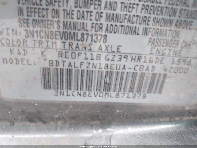 45626445 :رقم المزاد ، 3N1CN8EV0ML871378 vin ، 2021 Nissan Versa Sv Xtronic Cvt مزاد بيع