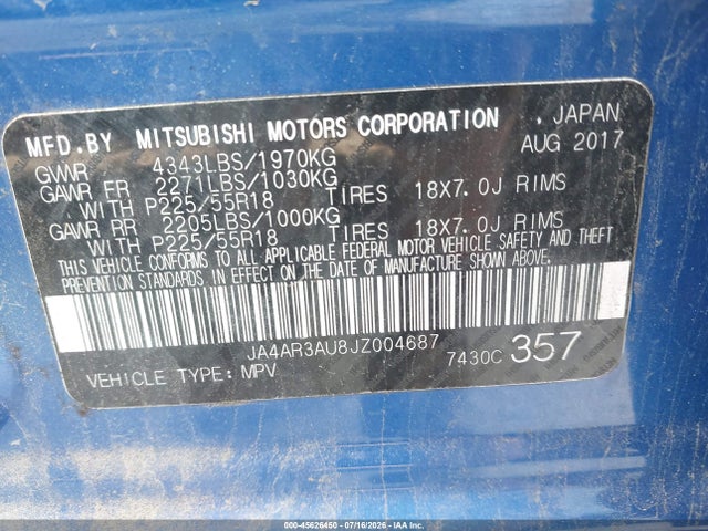 2018 Mitsubishi Outlander Sport 2.0 Es მანქანა იყიდება აუქციონზე, vin: JA4AR3AU8JZ004687, აუქციონის ნომერი: 45626450