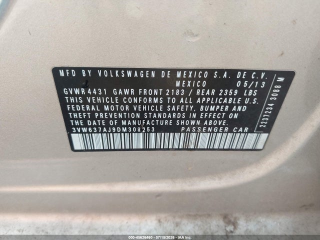 45626460 :رقم المزاد ، 3VW637AJ9DM308253 vin ، 2013 Volkswagen Jetta Hybrid Se مزاد بيع