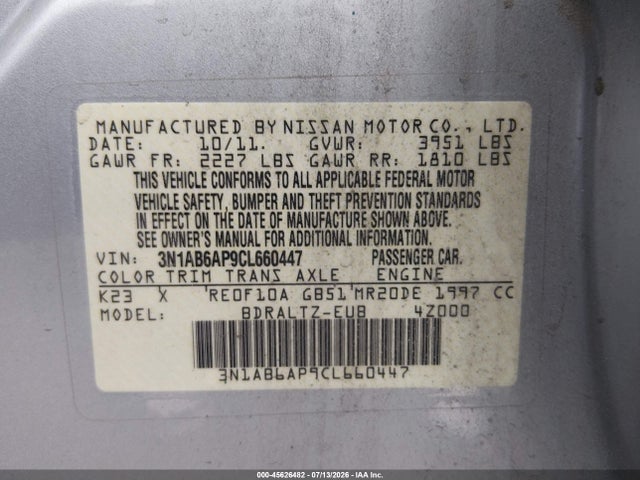 Продаж на аукціоні авто 2012 Nissan Sentra 2.0 S, vin: 3N1AB6AP9CL660447, номер лоту: 45626482