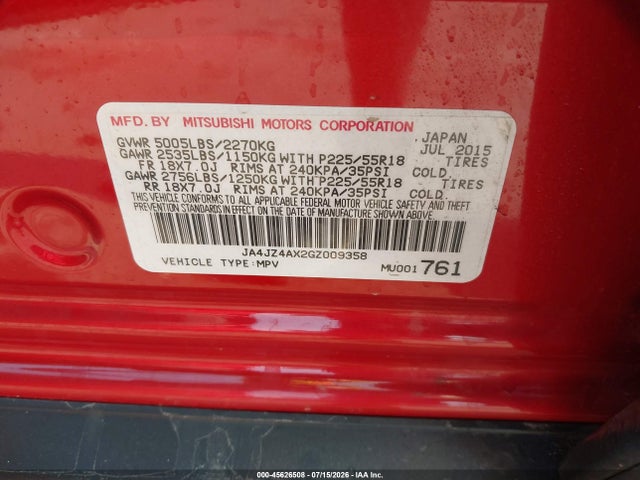 Aukcja sprzedaży 2016 Mitsubishi Outlander Gt, vin: JA4JZ4AX2GZ009358, numer aukcji: 45626508