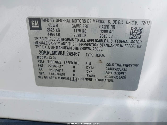 Aukcja sprzedaży 2018 Gmc Terrain Sle, vin: 3GKALMEV8JL249467, numer aukcji: 45626524