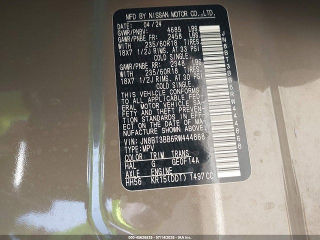JN8BT3BB6RW444868 Nissan Rogue Sv Intelligent Awd