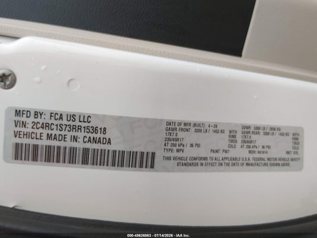 45626563 :رقم المزاد ، 2C4RC1S73RR153618 vin ، 2024 Chrysler Pacifica Hybrid Select مزاد بيع