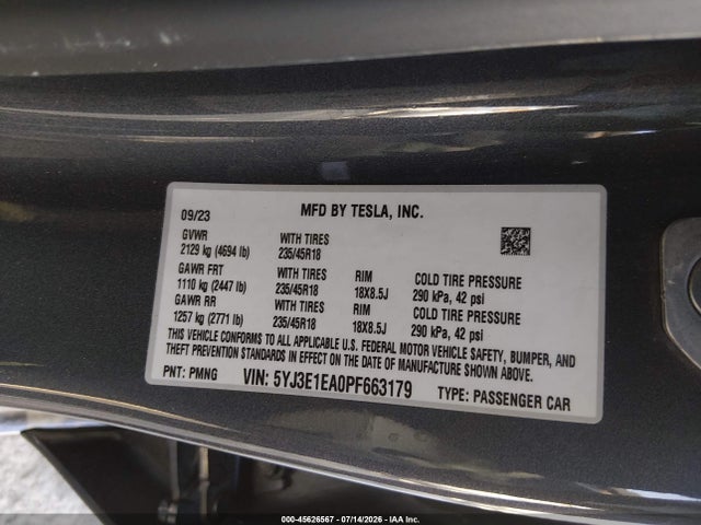 Aukcja sprzedaży 2023 Tesla Model 3 Rear-wheel Drive, vin: 5YJ3E1EA0PF663179, numer aukcji: 45626567