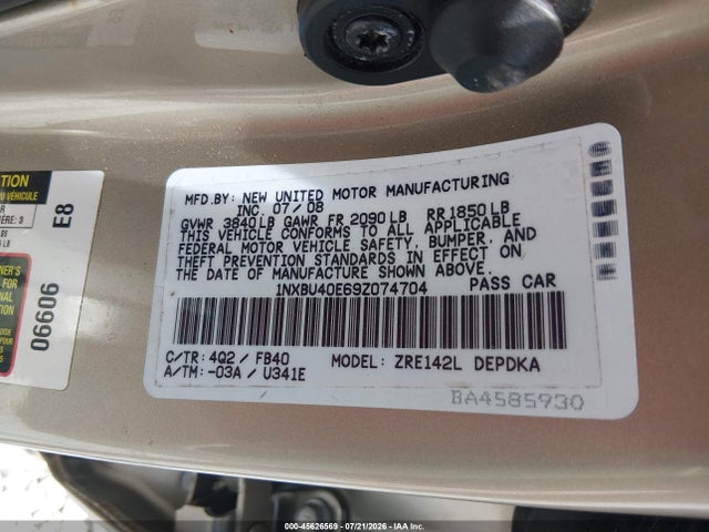45626569 :رقم المزاد ، 1NXBU40E69Z074704 vin ، 2009 Toyota Corolla Le مزاد بيع
