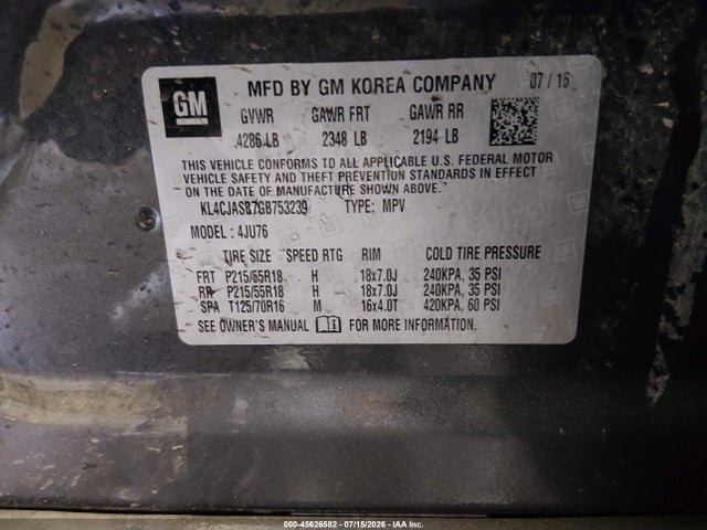2016 Buick Encore მანქანა იყიდება აუქციონზე, vin: KL4CJASB7GB753239, აუქციონის ნომერი: 45626582