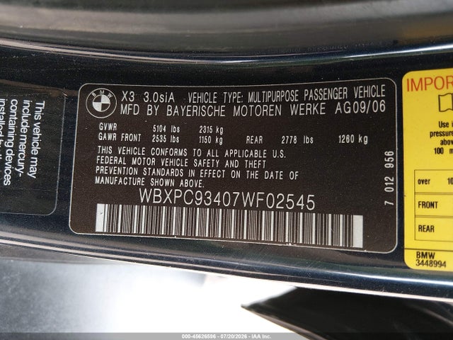 45626596 :رقم المزاد ، WBXPC93407WF02545 vin ، 2007 Bmw X3 3.0si مزاد بيع