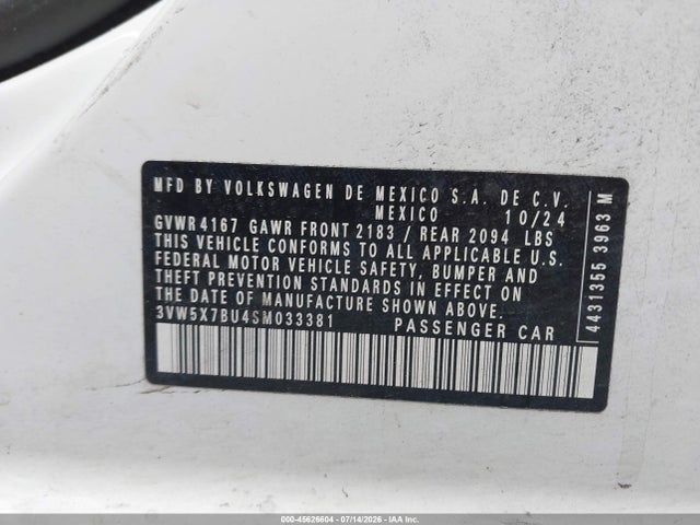 2025 Volkswagen Jetta 1.5t S მანქანა იყიდება აუქციონზე, vin: 3VW5X7BU4SM033381, აუქციონის ნომერი: 45626604