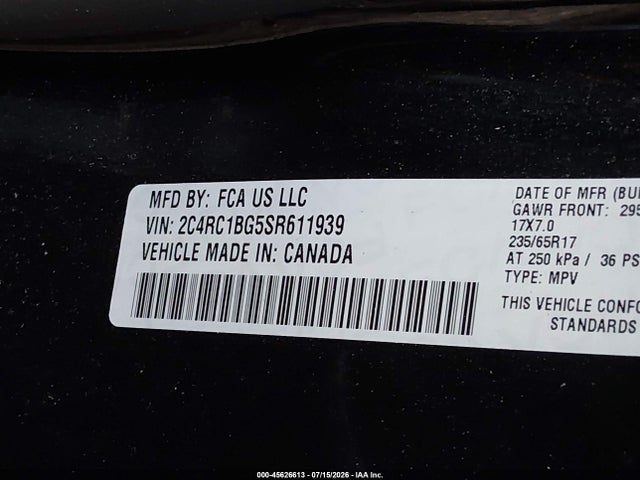 Продажа на аукционе авто 2025 Chrysler Pacifica Select, vin: 2C4RC1BG5SR611939, номер лота: 45626613