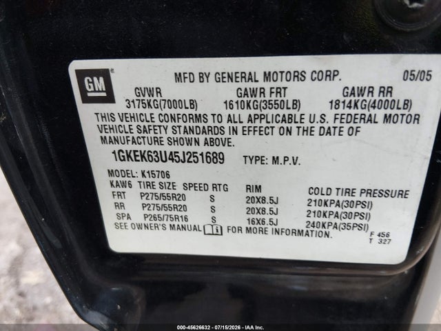 45626632 :رقم المزاد ، 1GKEK63U45J251689 vin ، 2005 Gmc Yukon Denali مزاد بيع