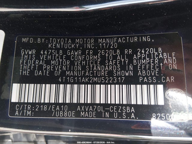 Продаж на аукціоні авто 2021 Toyota Camry Se, vin: 4T1G11AK2MU522317, номер лоту: 45626644
