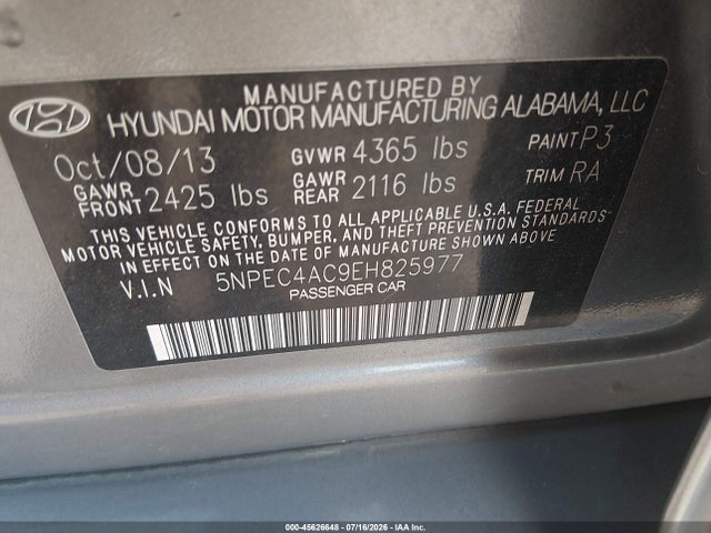 Hyundai Sonata Limited 2014 5NPEC4AC9EH825977 Image 9
