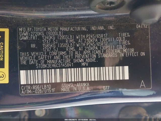 Auction sale of the 2012 Toyota Highlander Se, vin: 5TDBK3EH6CS145841, lot number: 45626670