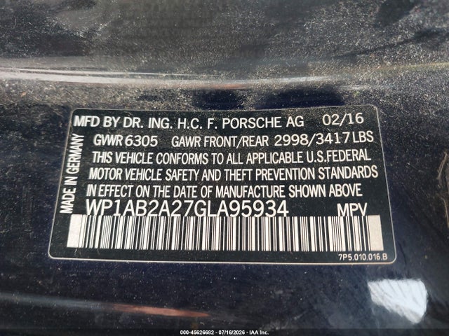 2016 Porsche Cayenne S მანქანა იყიდება აუქციონზე, vin: WP1AB2A27GLA95934, აუქციონის ნომერი: 45626682