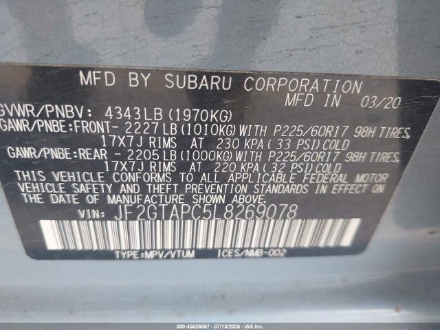 Subaru Crosstrek Premium 2020 JF2GTAPC5L8269078 Image 9