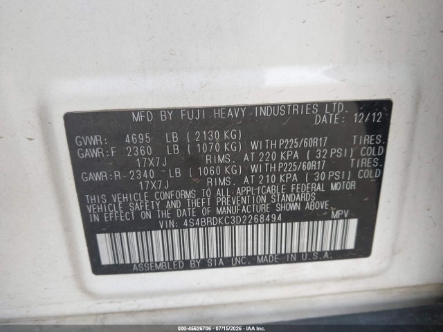 Продаж на аукціоні авто 2013 Subaru Outback 3.6r Limited, vin: 4S4BRDKC3D2268494, номер лоту: 45626706