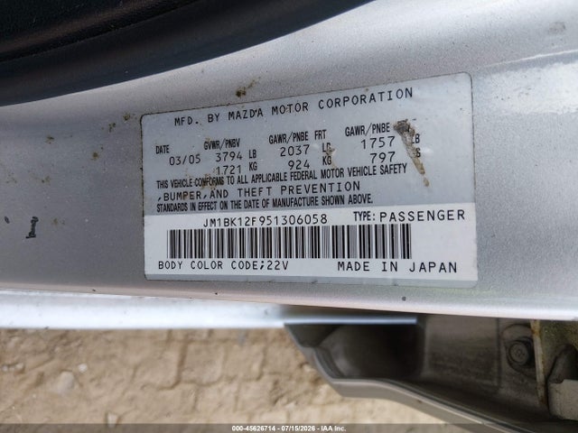 45626714 :رقم المزاد ، JM1BK12F951306058 vin ، 2005 Mazda Mazda3 I مزاد بيع