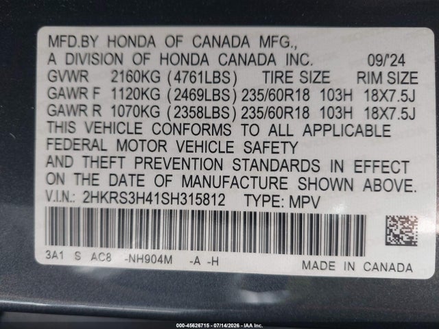 2HKRS3H41SH315812 Honda Cr-v Ex 2wd