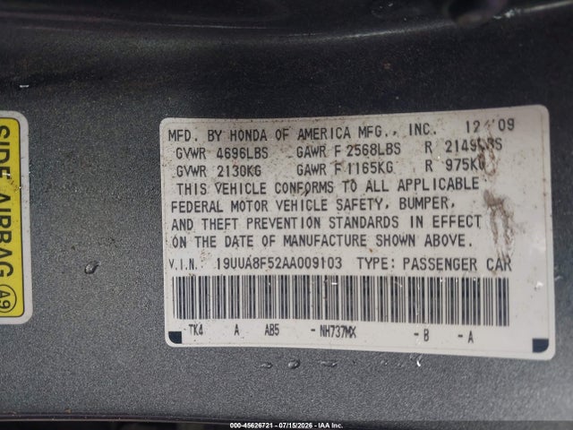 2010 Acura Tl 3.5 მანქანა იყიდება აუქციონზე, vin: 19UUA8F52AA009103, აუქციონის ნომერი: 45626721