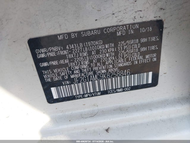 Продаж на аукціоні авто 2019 Subaru Crosstrek 2.0i Limited, vin: JF2GTAMC9K8258846, номер лоту: 45626724