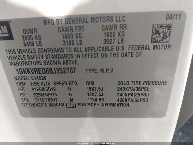 Aukcja sprzedaży 2011 Gmc Acadia Slt-1, vin: 1GKKVRED8BJ352707, numer aukcji: 45626730