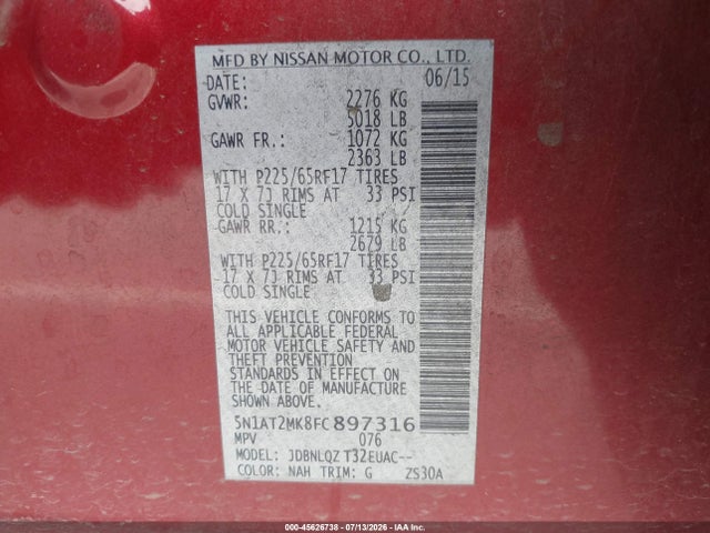 Nissan ROGUE SV 2015 5N1AT2MK8FC897316 Image 9